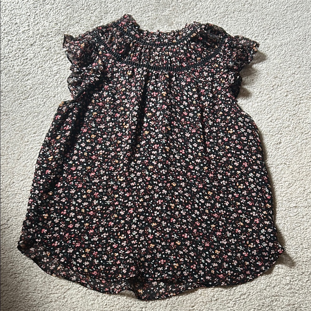 LOFT Black and Pink Floral Blouse with Ruffled Cap Sleeves